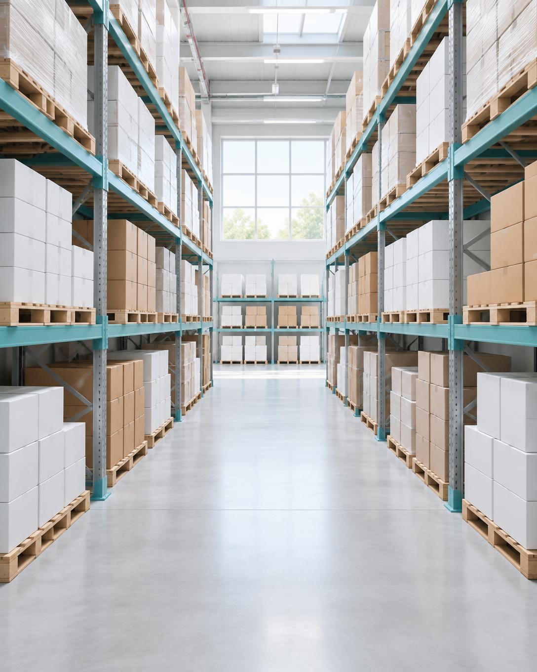 Organized wholesale warehouse aisle with pallets and product boxes